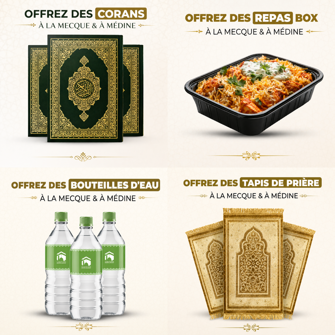 PACK HAJJ - 20 corans + 10 repas + 50 bouteilles + 40 tapis